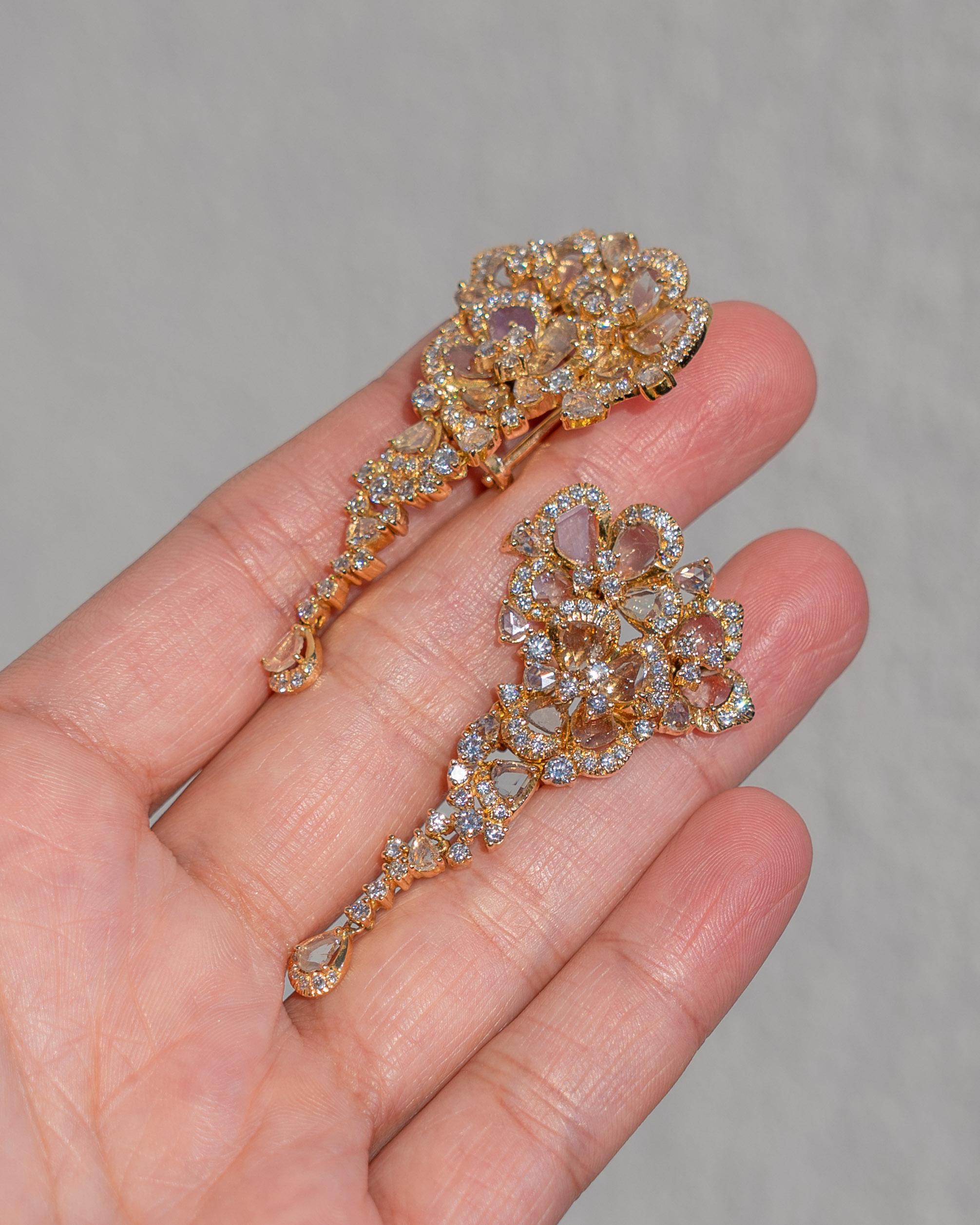 Make a statement with these beautiful pair of rose-cut Diamond dangle earrings, set in solid 18K Yellow Gold. The total weight of the Diamonds are 5.52 carats, all VS quality. The length is around 2.25 inches long, and they come with a secure omega