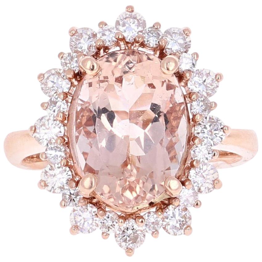 Bague en or rose 14 carats avec Morganite de 5,52 carats et diamants