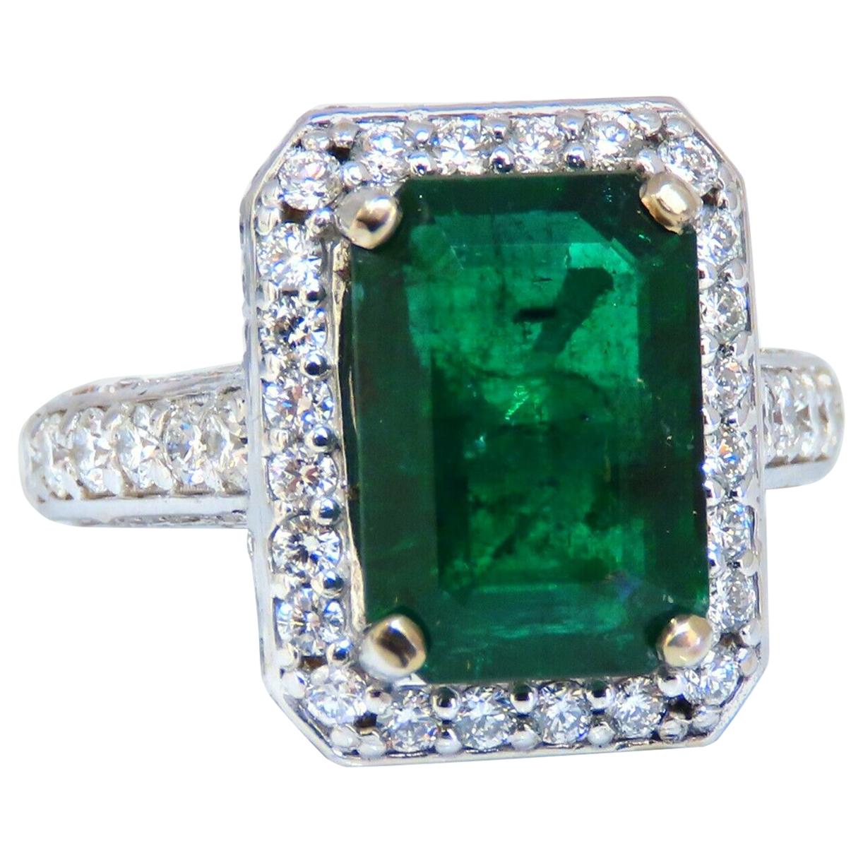 5.52 Carat Natural Vivid Green Emerald Diamonds Ring 14kt Mod Halo Bead Set Deco For Sale