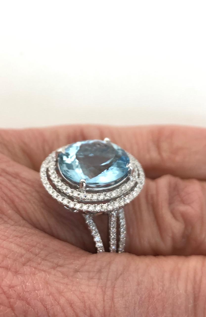 Aquamarine and Double Diamond Halo Cocktail Ring in White Gold, 5.52 Carats For Sale 4