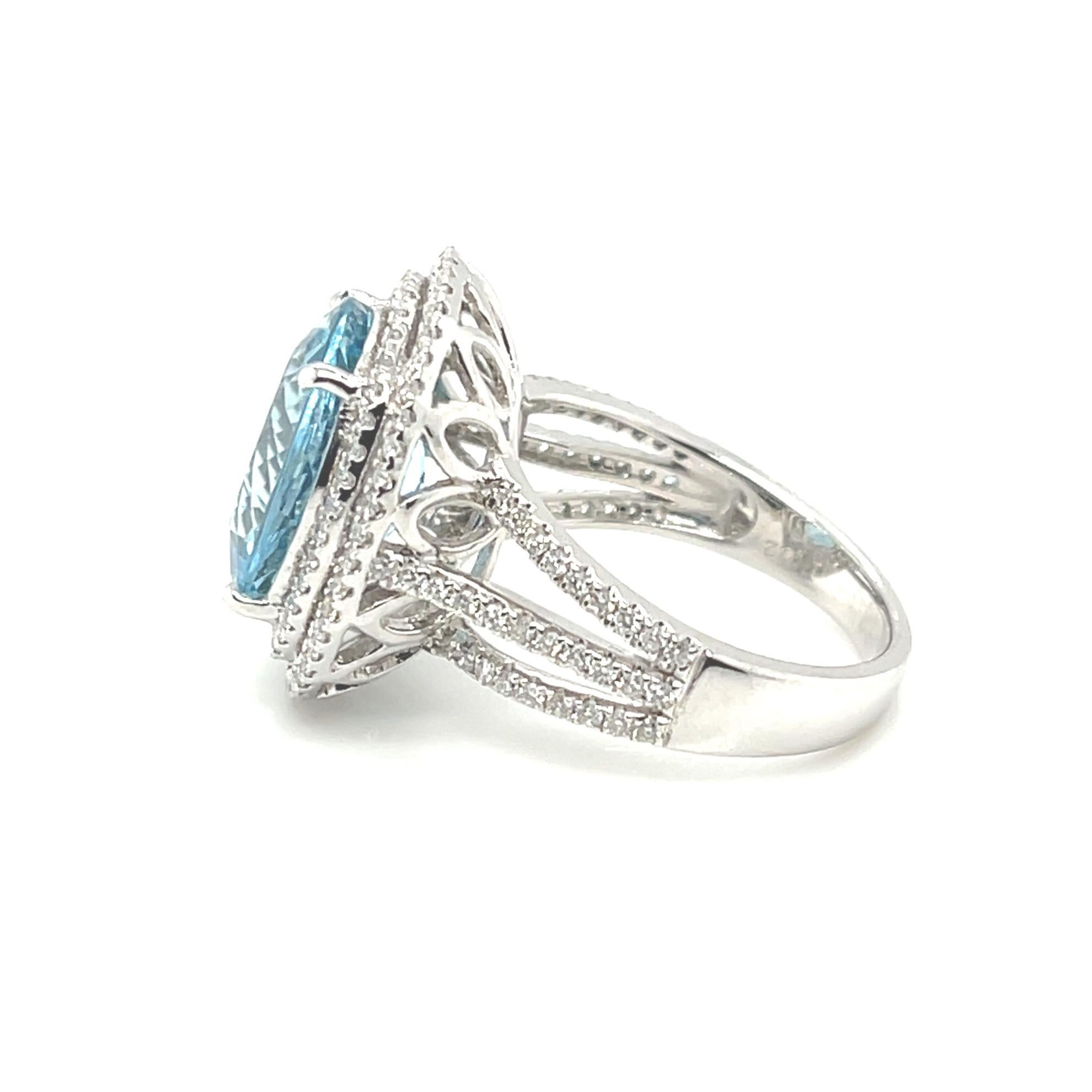 Artisan Aquamarine and Double Diamond Halo Cocktail Ring in White Gold, 5.52 Carats For Sale