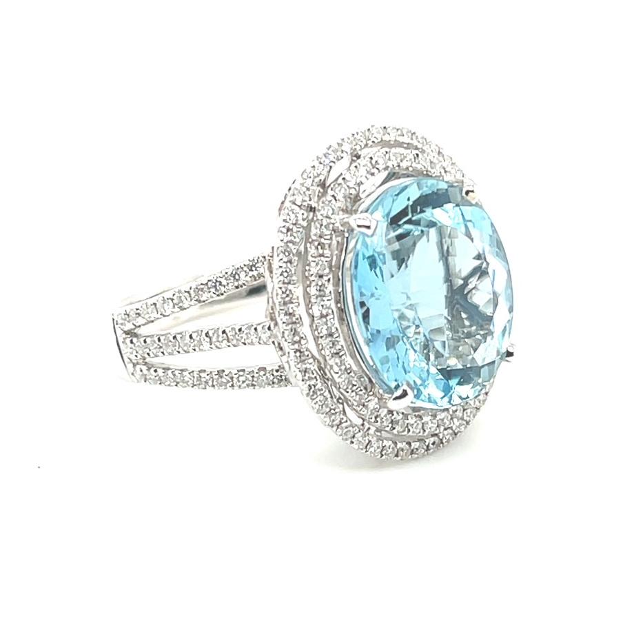 Oval Cut Aquamarine and Double Diamond Halo Cocktail Ring in White Gold, 5.52 Carats For Sale