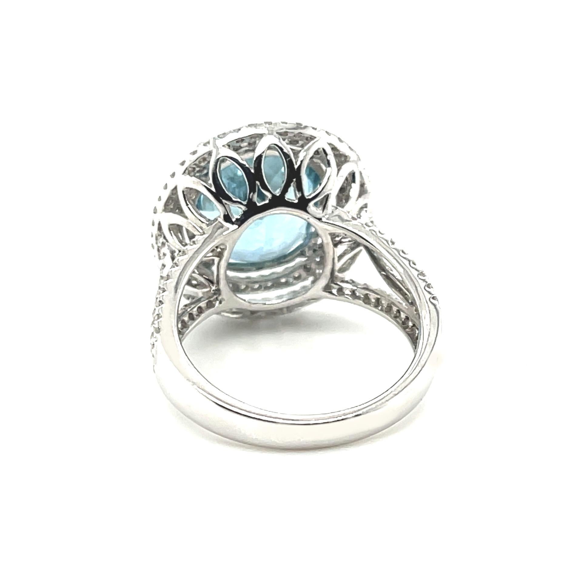 Aquamarine and Double Diamond Halo Cocktail Ring in White Gold, 5.52 Carats In New Condition For Sale In Los Angeles, CA