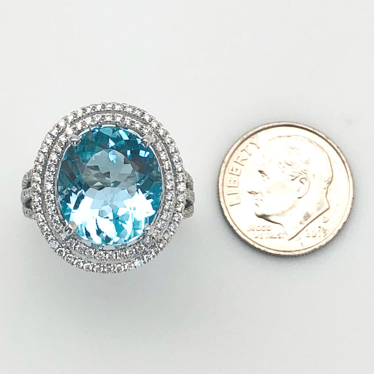 Aquamarine and Double Diamond Halo Cocktail Ring in White Gold, 5.52 Carats For Sale 2