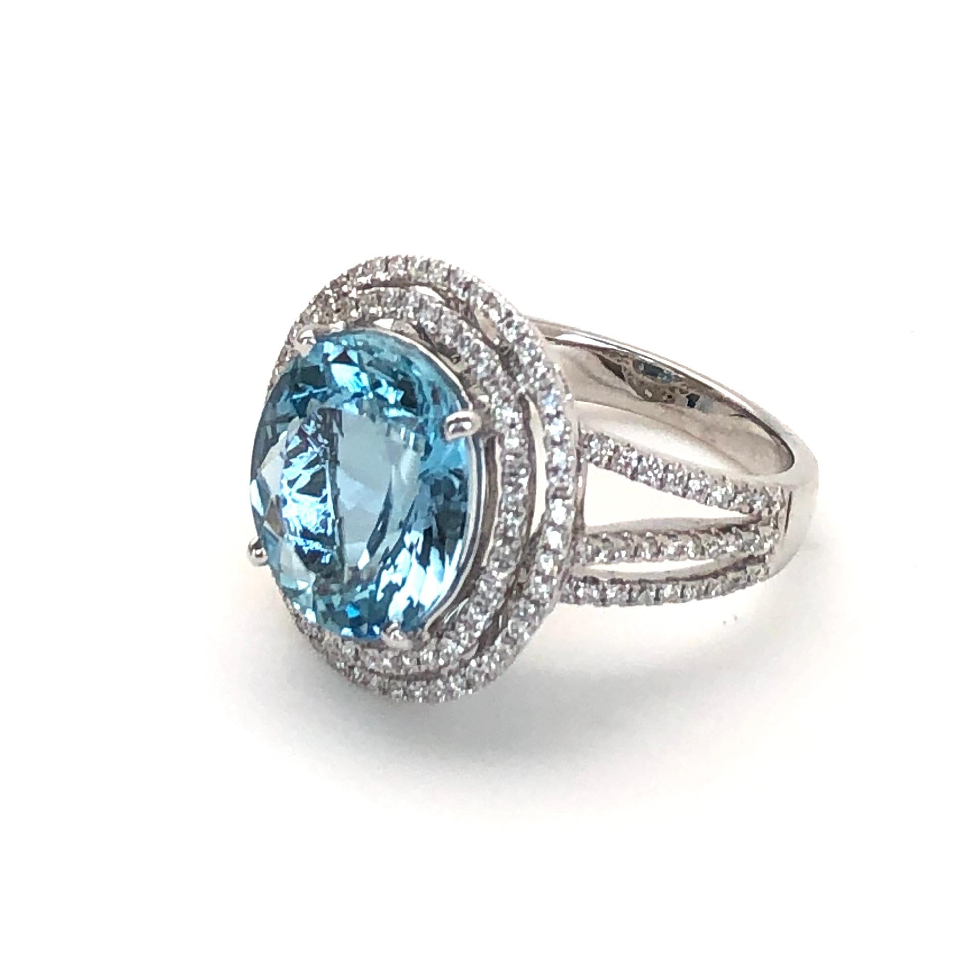Aquamarine and Double Diamond Halo Cocktail Ring in White Gold, 5.52 Carats For Sale 1