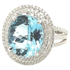 Used Aquamarine and Double Diamond Halo Cocktail Ring in White Gold, 5.52 Carats