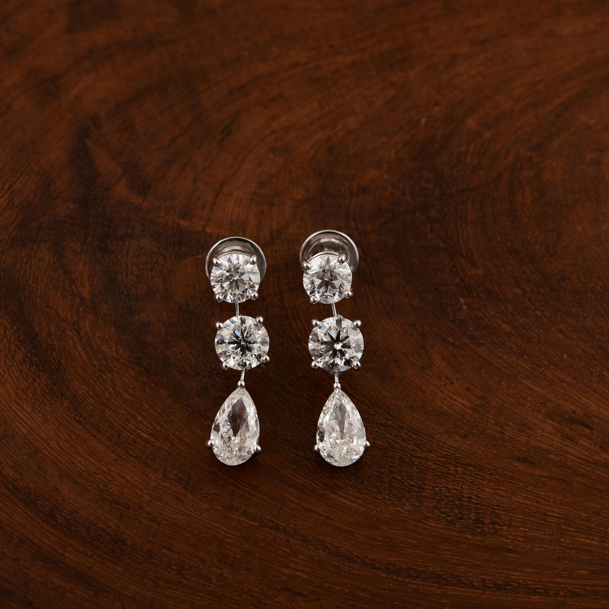 Modern 5.52 Carat SI/H Round Pear Brilliant Cut Diamond Earrings 14 Karat White Gold For Sale