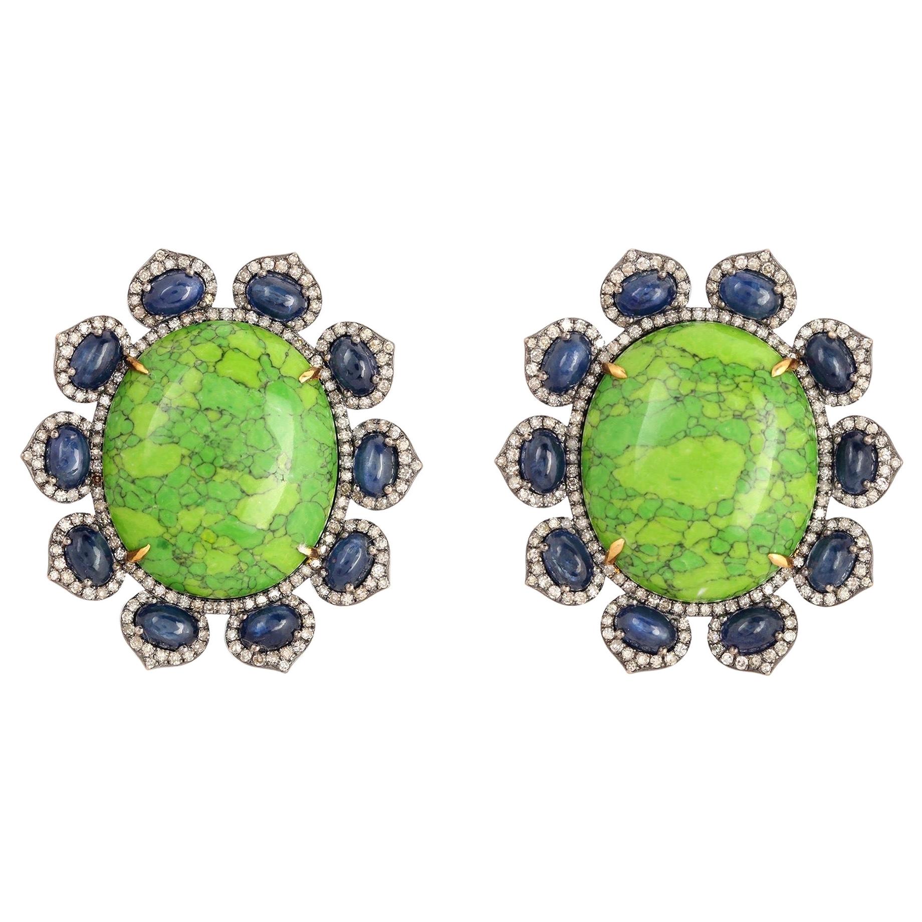 Pendientes de turquesa, zafiro azul y diamantes, 55,2 quilates