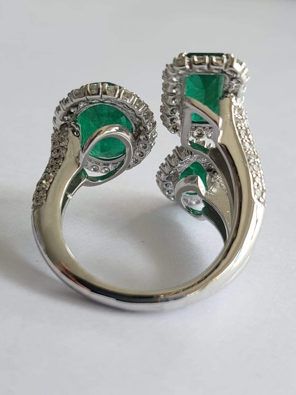 Modern 5.52 Carats, Natural Zambian Emerald & Diamonds Three Stone Cocktail Ring