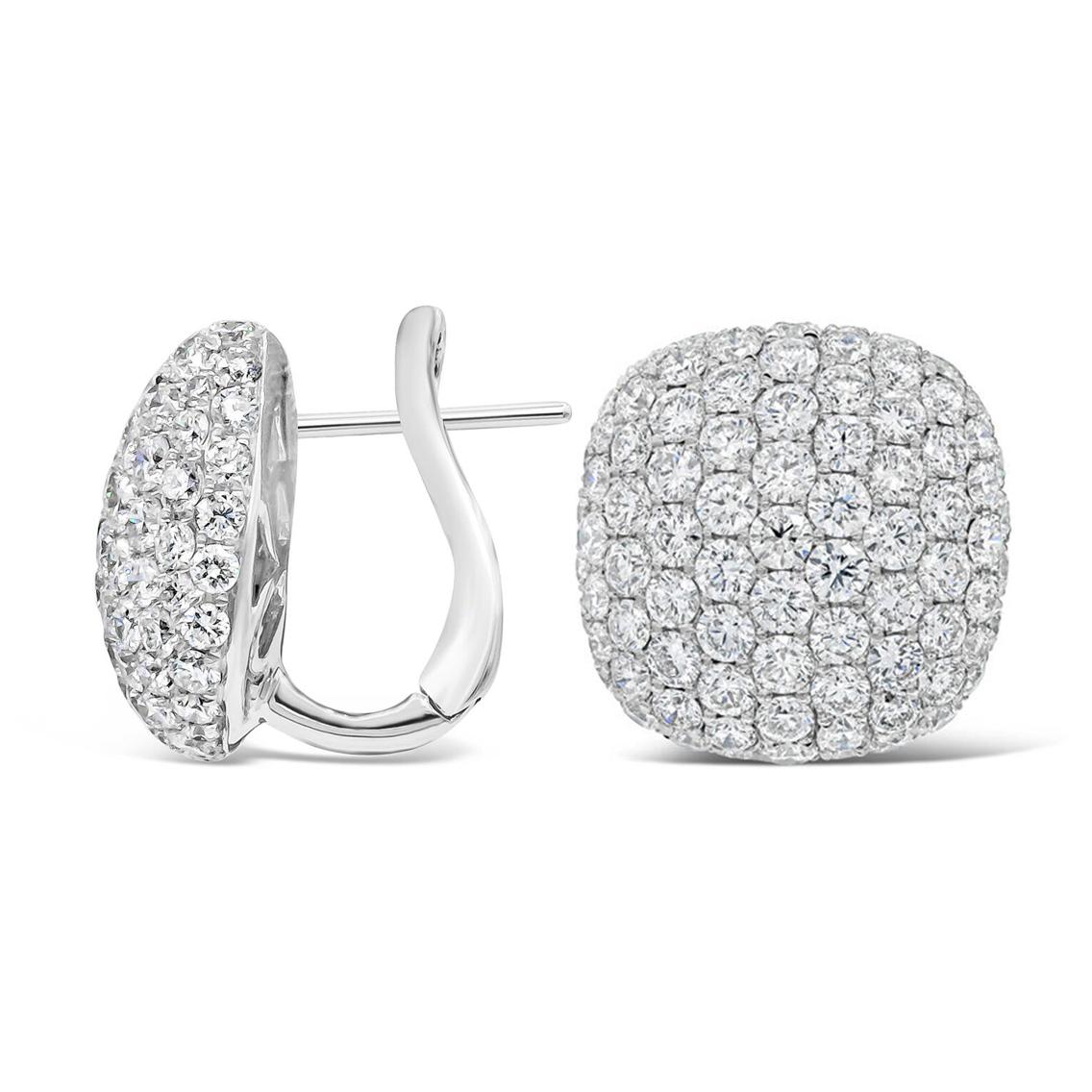 A lustrous and unique pair of earrings showcasing 5.52 carats total of 170 pieces brilliant round diamonds, micro-pave set in a cushion shape design. Made in 18K White Gold. Omega Clip with post.

Roman Malakov is a custom house, specializing in