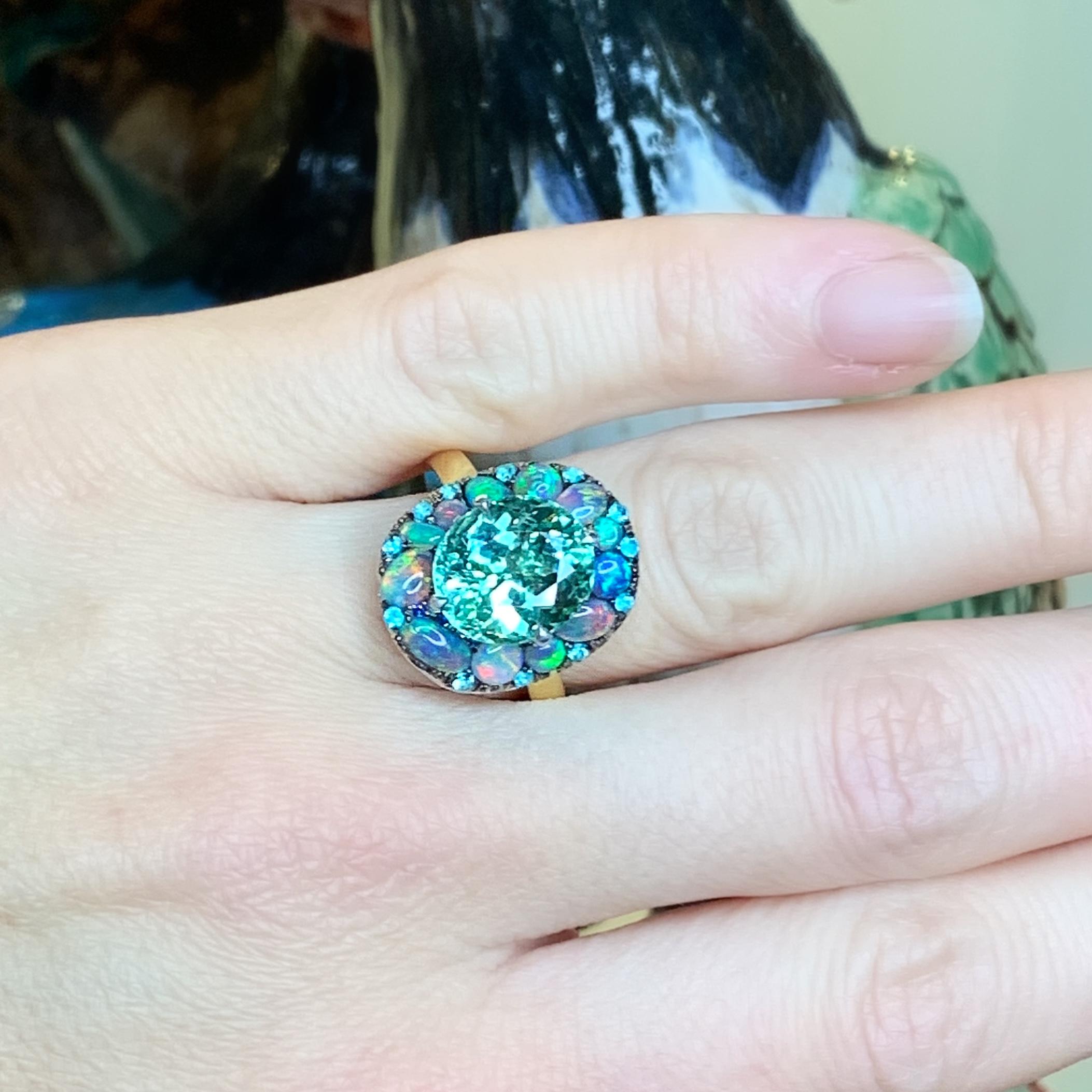 5, 52 ct. Lagoon Tourmaline, Black Opal, Paraïba Tourmaline Cocktail Ring 9