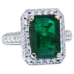 5.52Carat Natural Vivid Green Emerald Diamonds Ring 14kt Mod Halo Bead Set Deco*