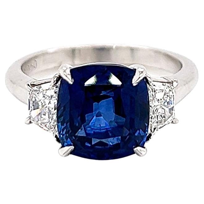 5.52 Carat Total Cushion Cut Blue Sapphire & Diamond Ladies Ring GIA Certified.