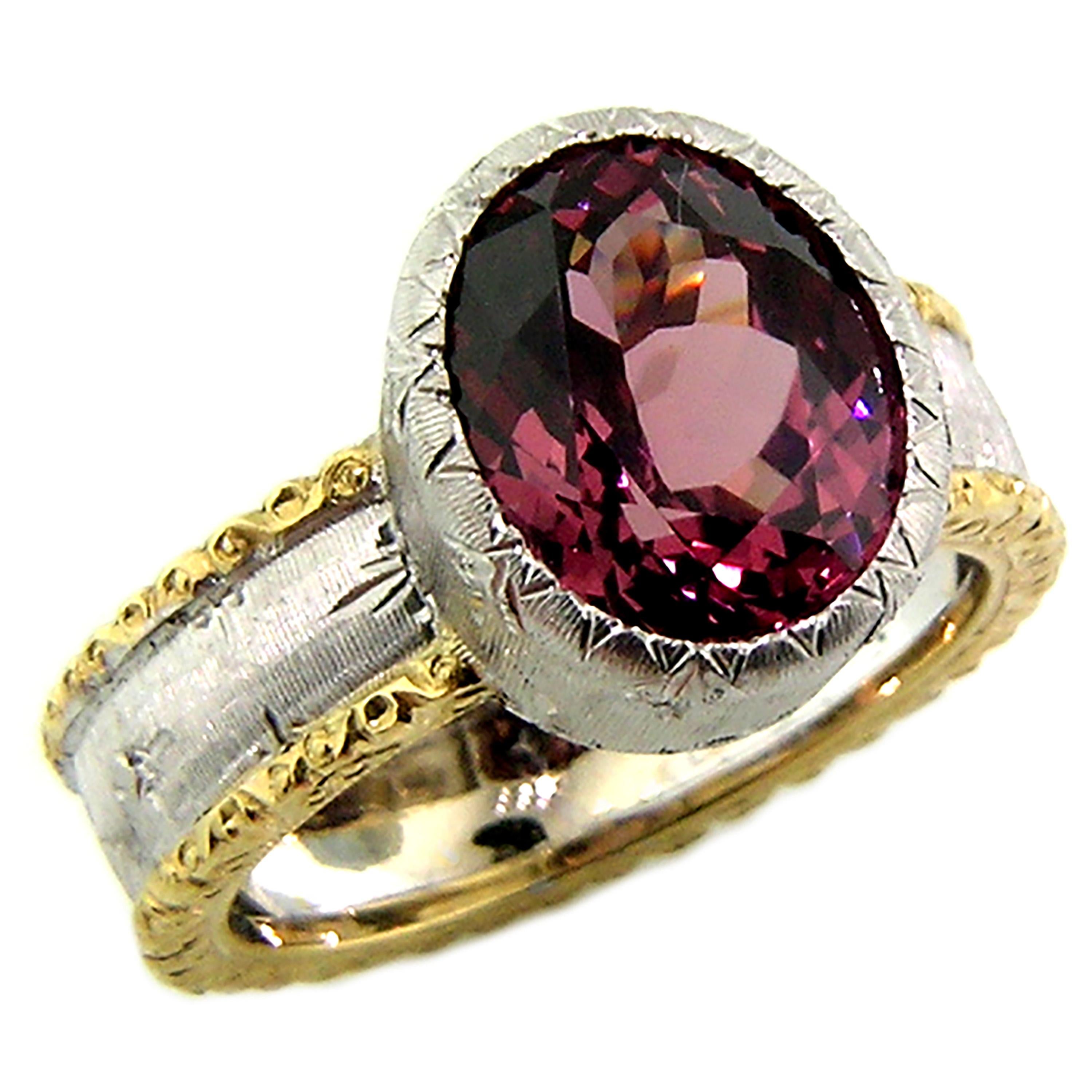 5.52ct Malaya Garnet in 18kt Hand Engraved Ring, Handmade in Italy