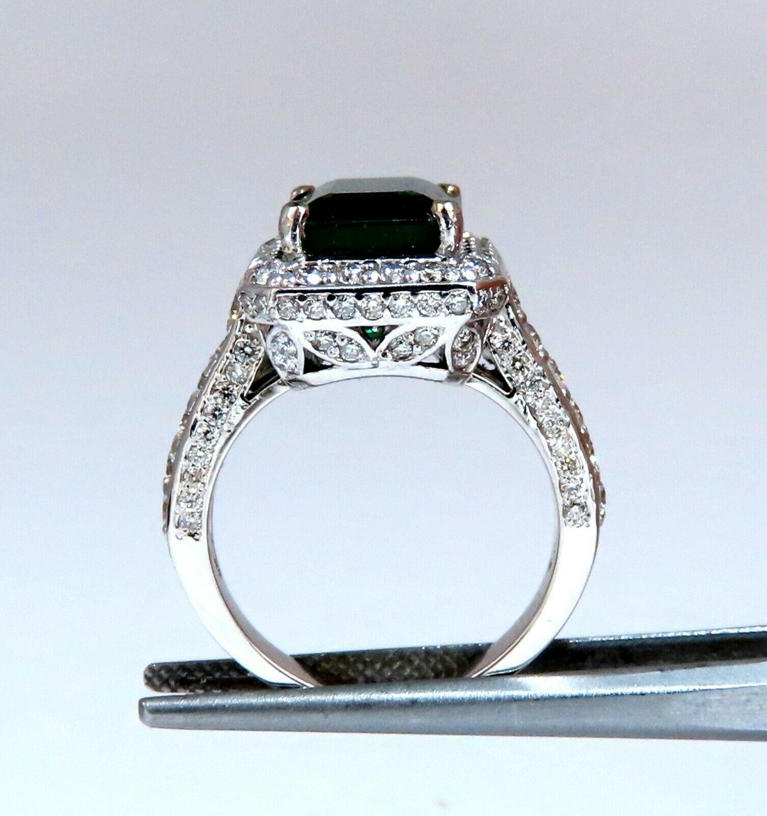 Emerald Cut 5.52 Carat Natural Vivid Green Emerald Diamonds Ring 14kt Mod Halo Bead Set Deco For Sale