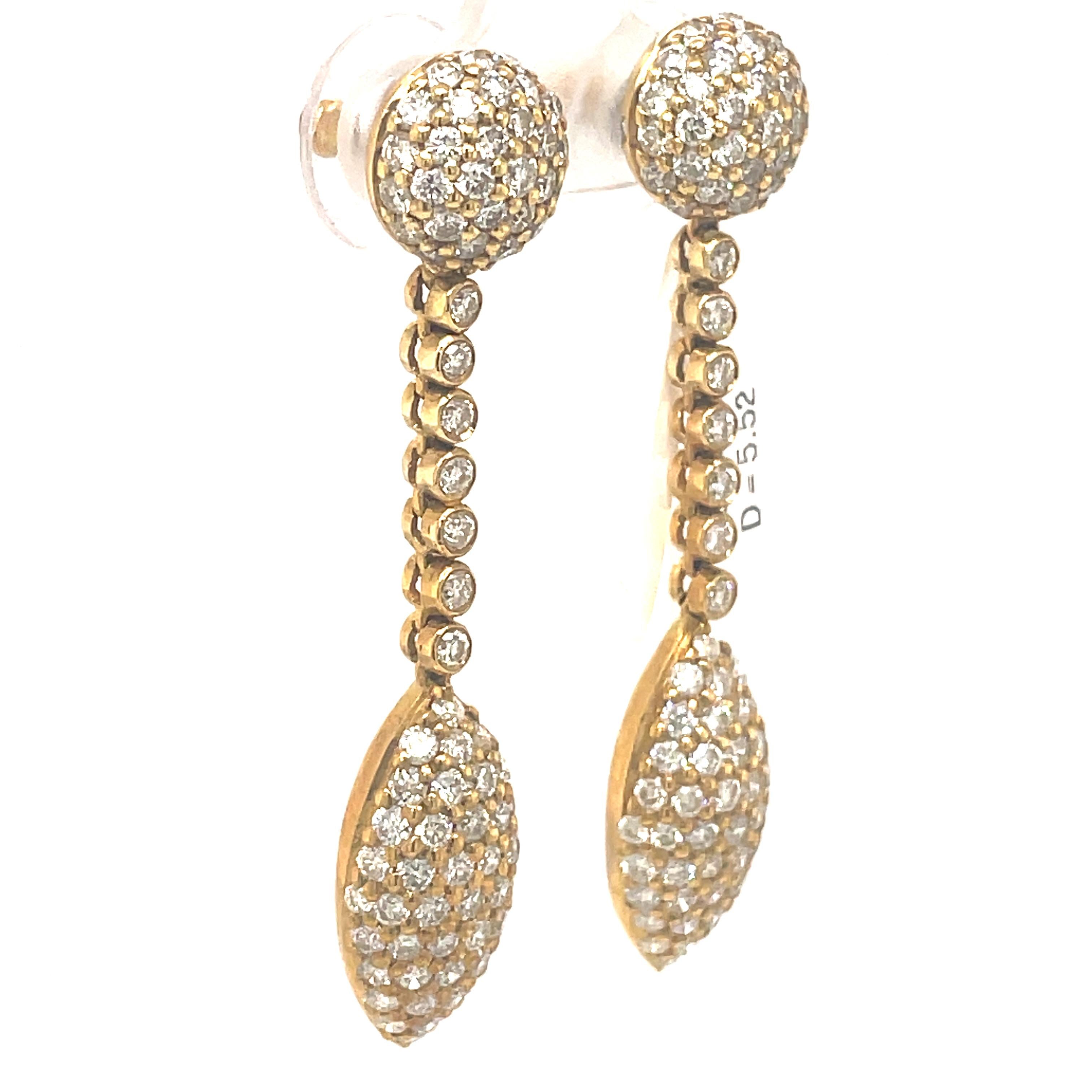 Contemporary 5.52ct Pave Diamond Drop Earrings 18k Yellow Gold For Sale