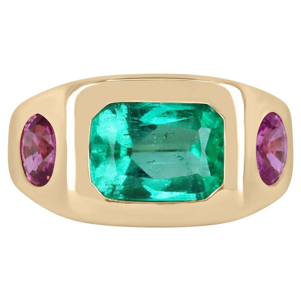 Anillo gitano de esmeralda colombiana y zafiro rosa oval de 5,52 qt 18 quilates y tres piedras en venta