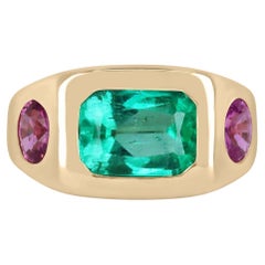 5,52 tcw 18K Drei Stein kolumbianischen Smaragd & ovalen rosa Saphir Gypsy Ring