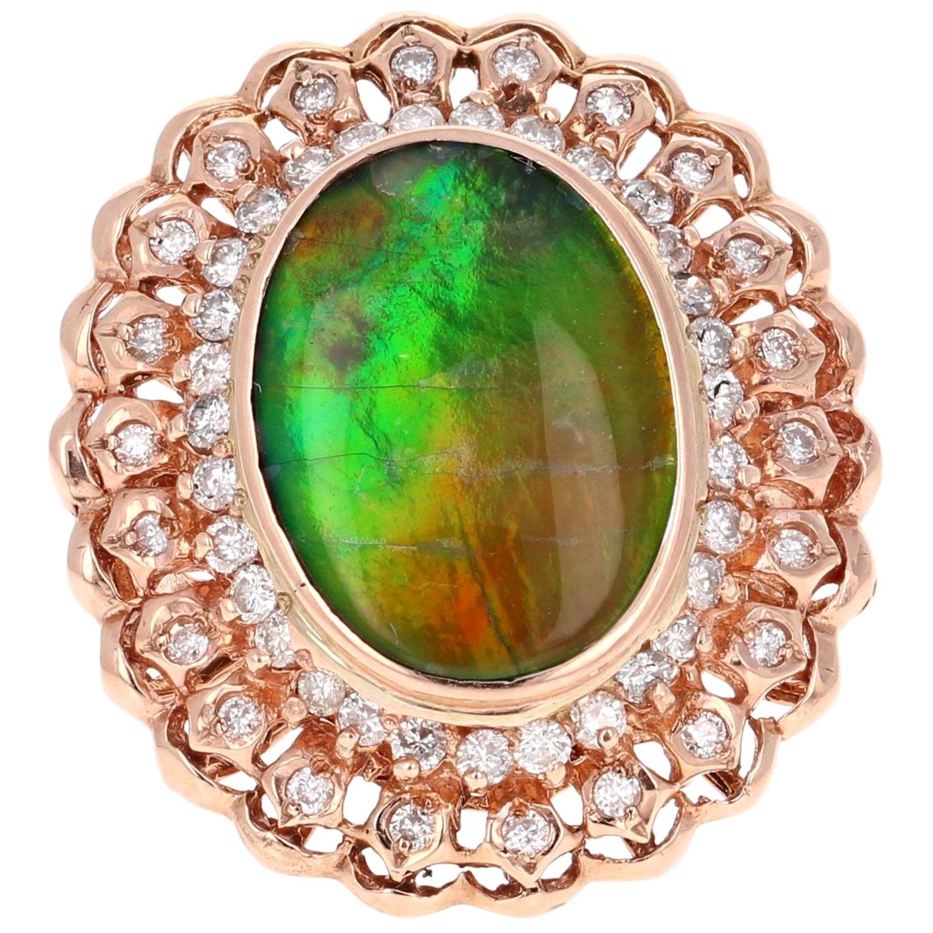 5.53 Carat Ammolite Diamond 14 Karat Rose Gold Cocktail Ring For Sale