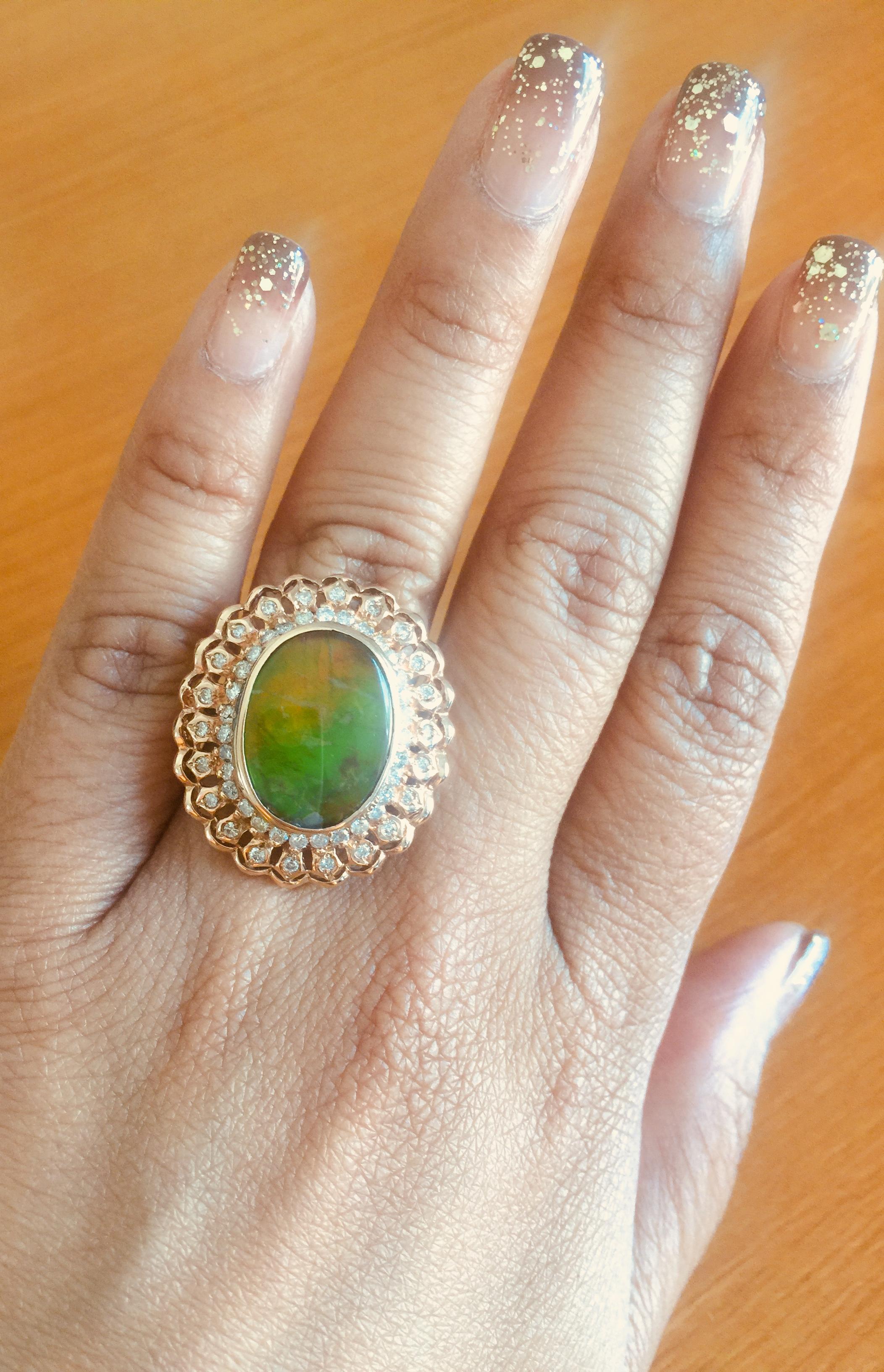 5.53 Carat Ammolite Diamond 14 Karat Rose Gold Cocktail Ring In New Condition For Sale In Los Angeles, CA