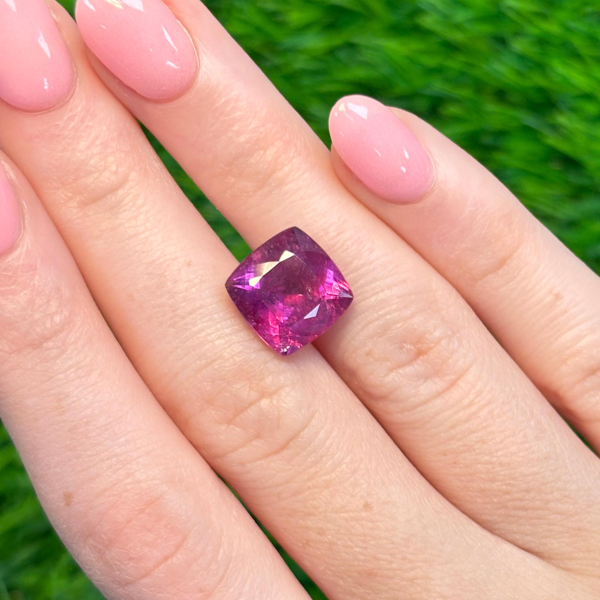 Questa splendida rubellite con taglio a cuscino è un vero e proprio pezzo forte, che brilla con ricche sfumature rosso lampone e rosa e una brillantezza eccezionale. Il suo colore vibrante e il taglio elegante lo rendono perfetto per un gioiello