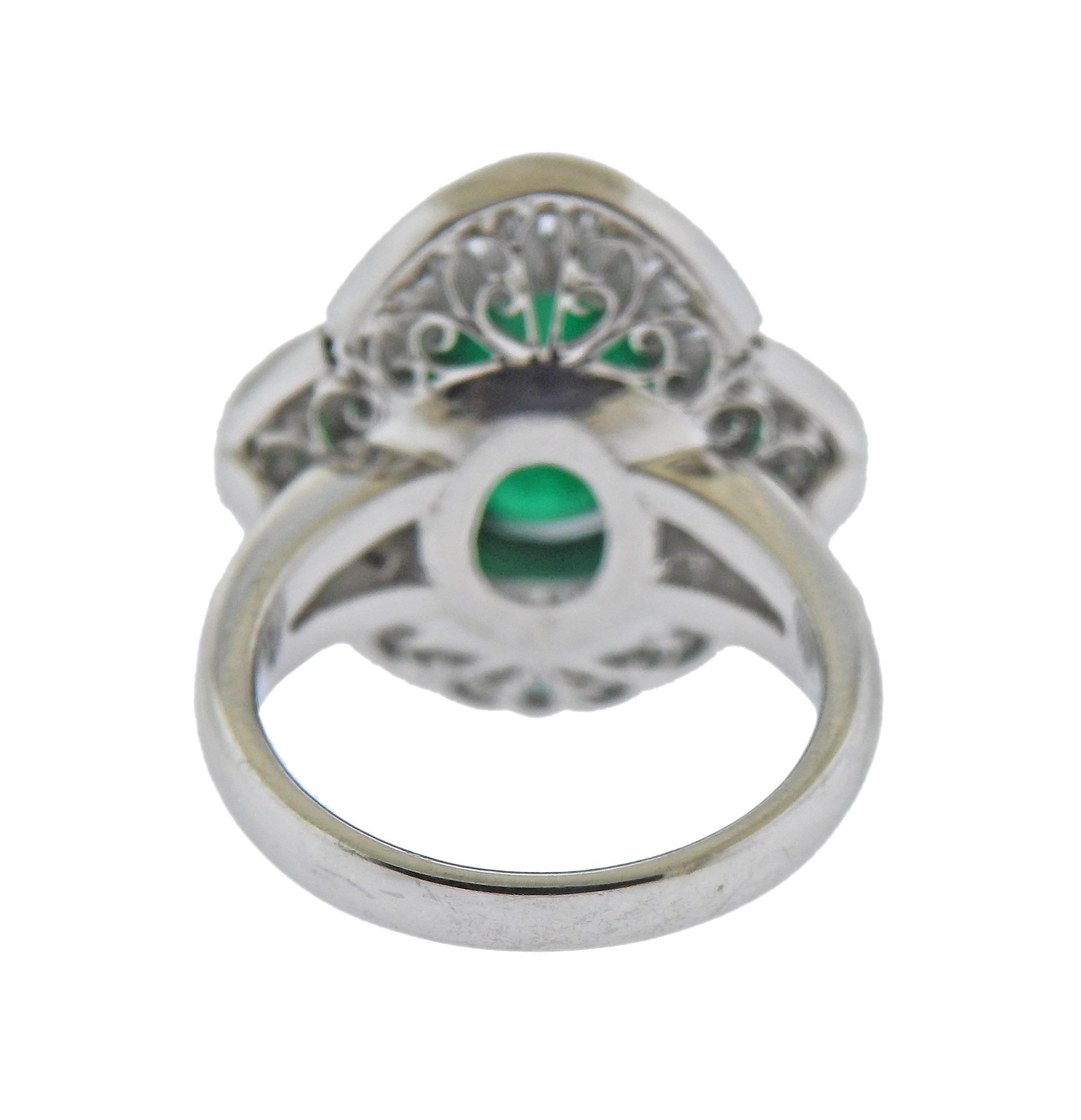 Cabochon 5.53 Carat Emerald Diamond Platinum Ring For Sale