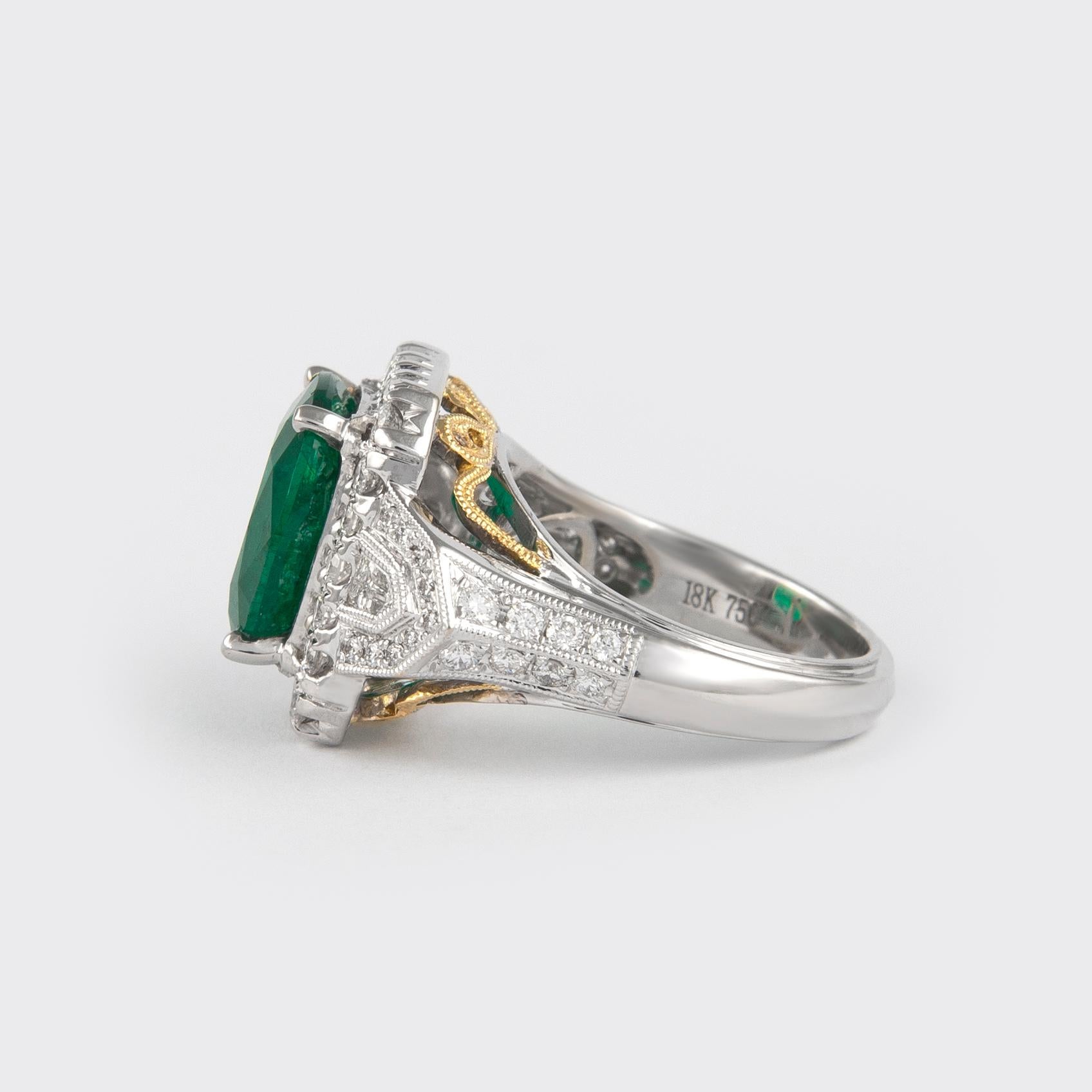 Cushion Cut 5.53 Carat Emerald with Diamond Ring 18 Karat Gold