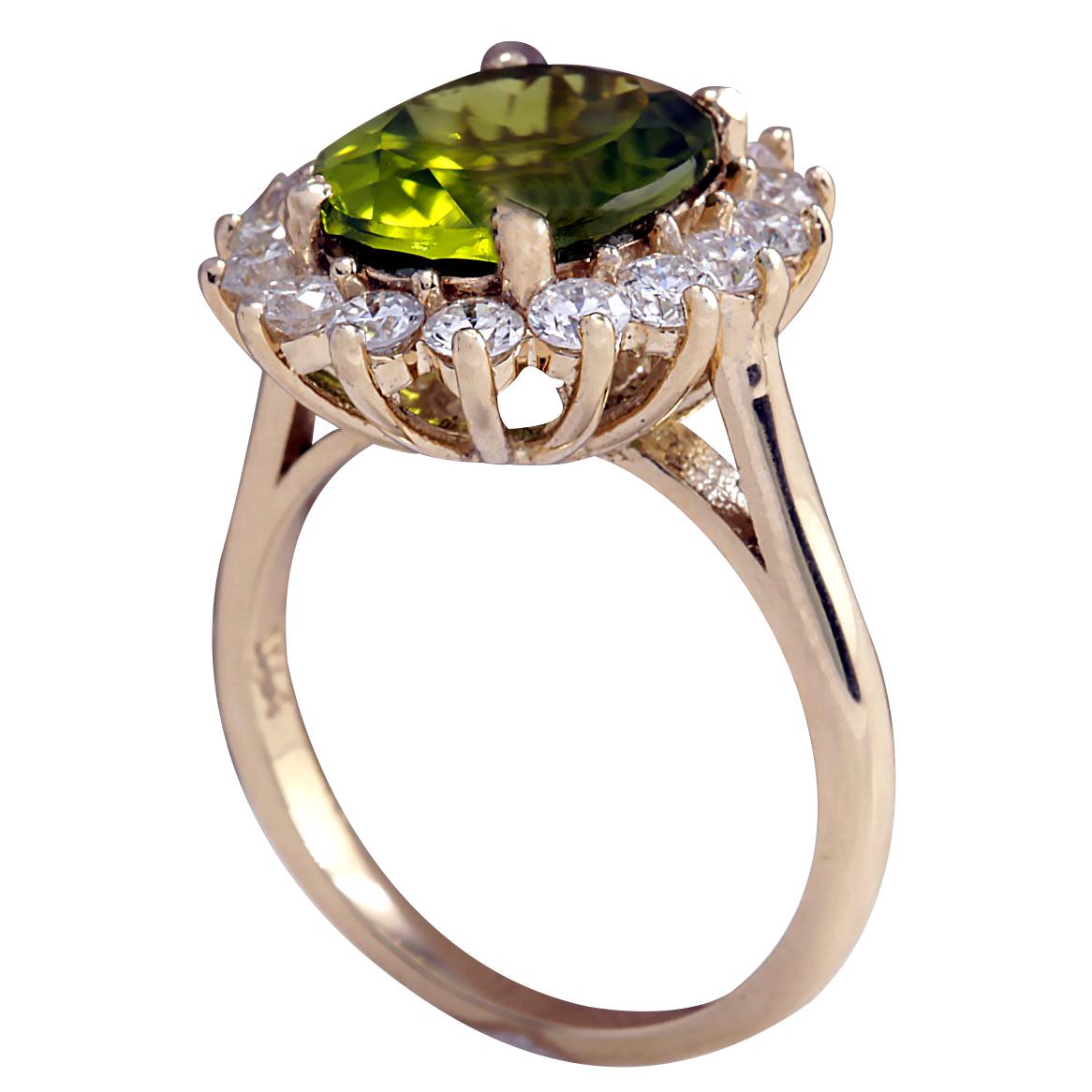 Oval Cut Natural Peridot Diamond Ring In 14 Karat Yellow Gold  For Sale