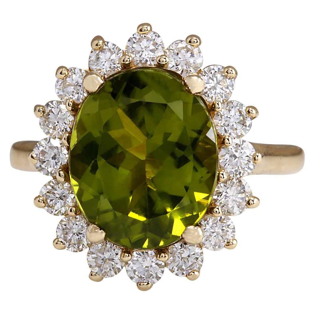 Natural Peridot Diamond Ring In 14 Karat Yellow Gold  For Sale