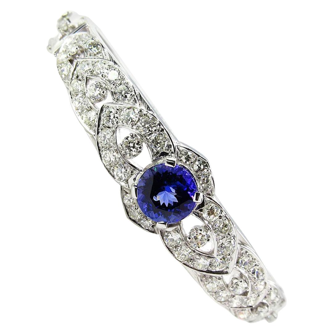 5.53 Carat Tanzanite Deep Violetish Blue Diamond White Gold Bangle Cuff Bracelet