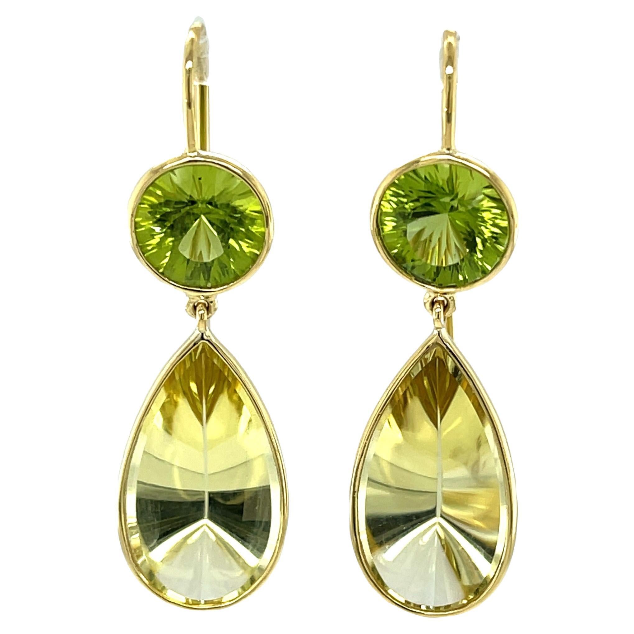Fantasy Cut Citrine, Peridot Dangle Earrings in Yellow Gold, 5.53 Carats Total For Sale