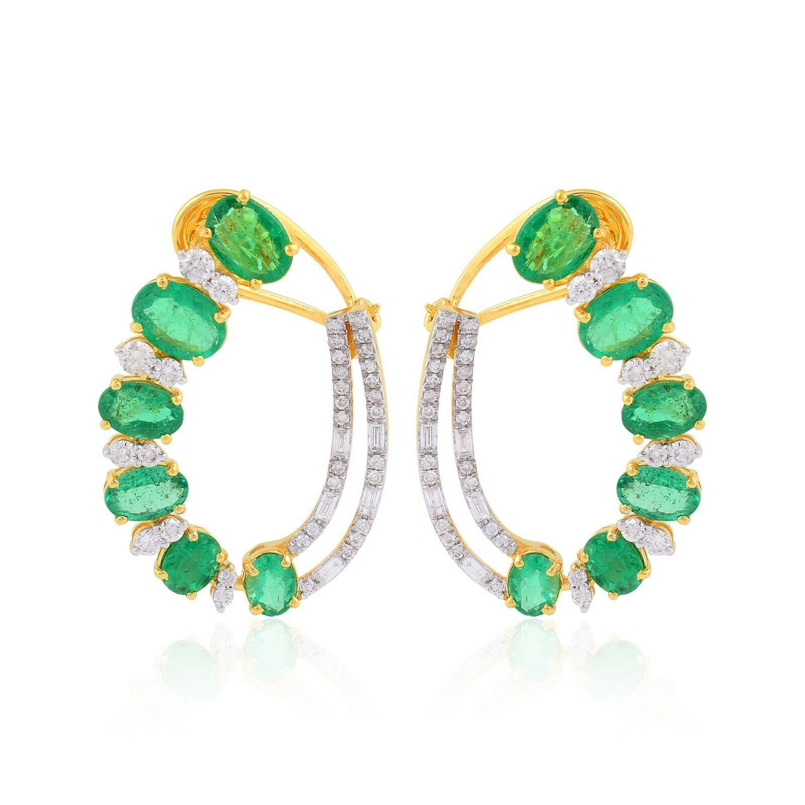 Mixed Cut 5.53 Carats Zambian Emerald Diamond 14 Karat Gold Hoop Earrings For Sale