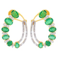 5.53 Carats Zambian Emerald Diamond 14 Karat Gold Hoop Earrings