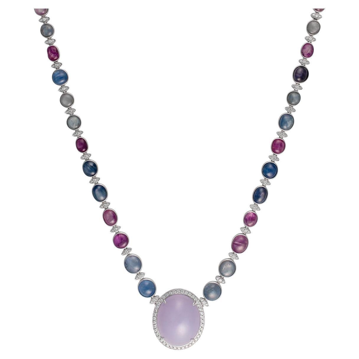 Eostre Star Sapphire, Type A Lavender Jadeite and Diamond Necklace in 18k Gold For Sale