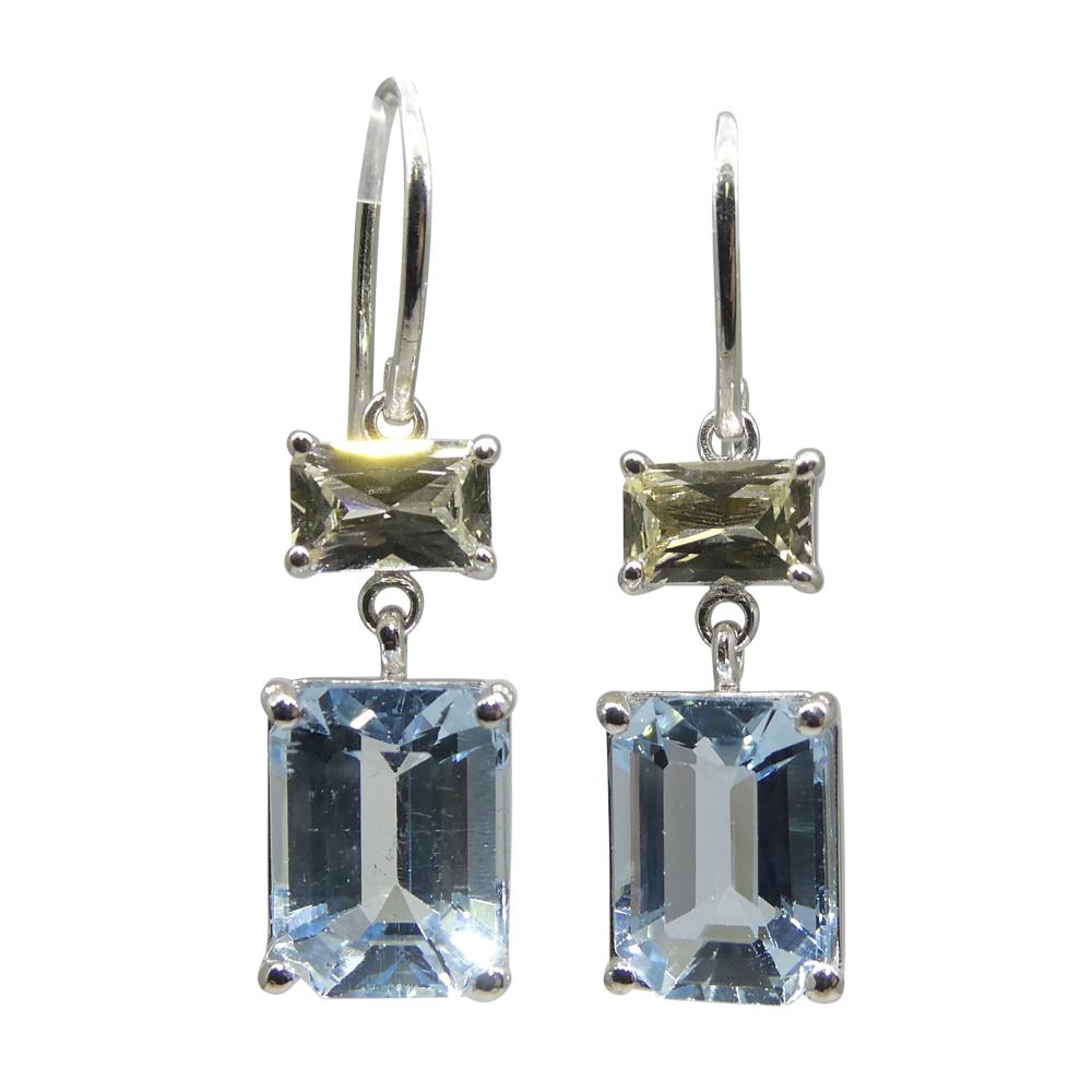 Emerald Cut 5.53ct Blue Aquamarine & Yellow Sapphire Earrings set in 14k White Gold For Sale
