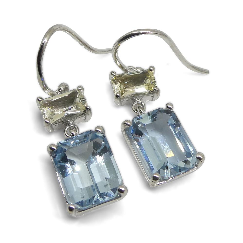 5.53ct Blue Aquamarine & Yellow Sapphire Earrings set in 14k White Gold For Sale 2