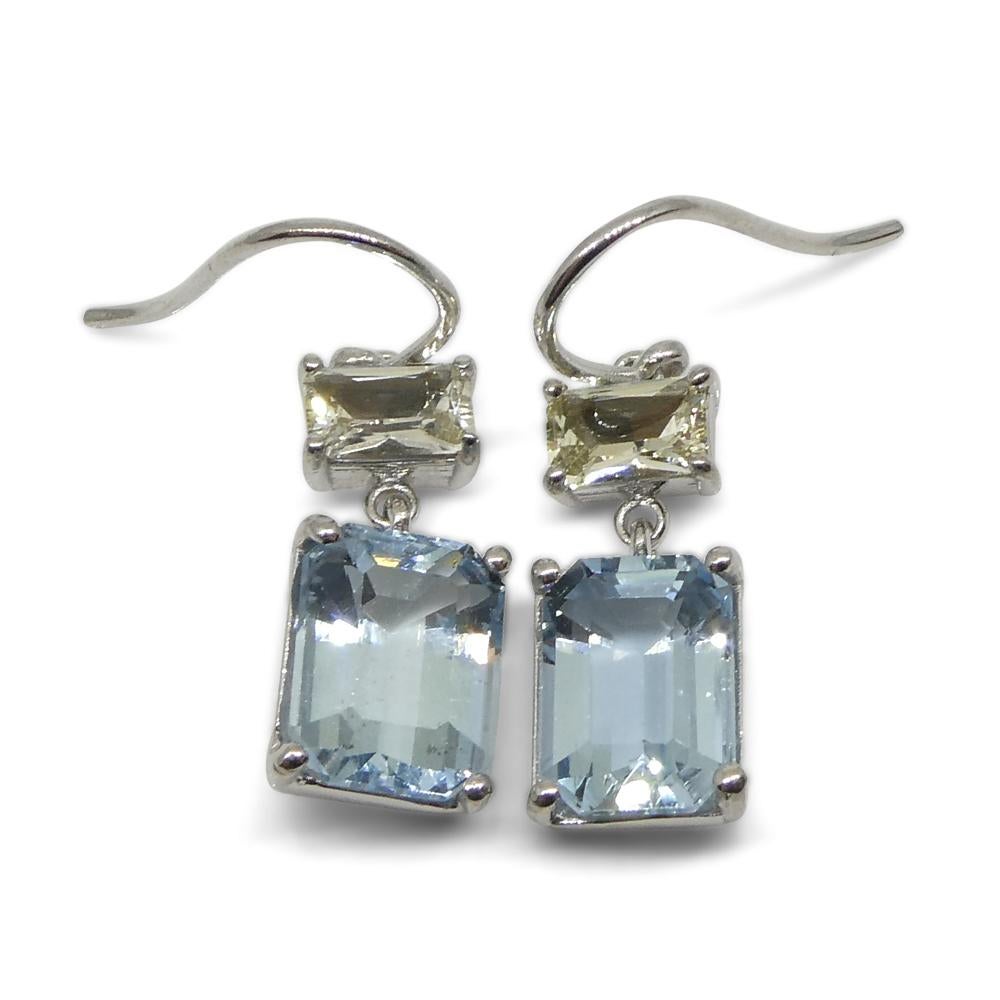 5.53ct Blue Aquamarine & Yellow Sapphire Earrings set in 14k White Gold For Sale 3