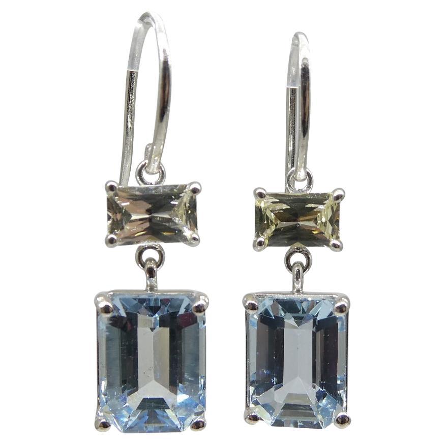 5.53ct Blue Aquamarine & Yellow Sapphire Earrings set in 14k White Gold For Sale