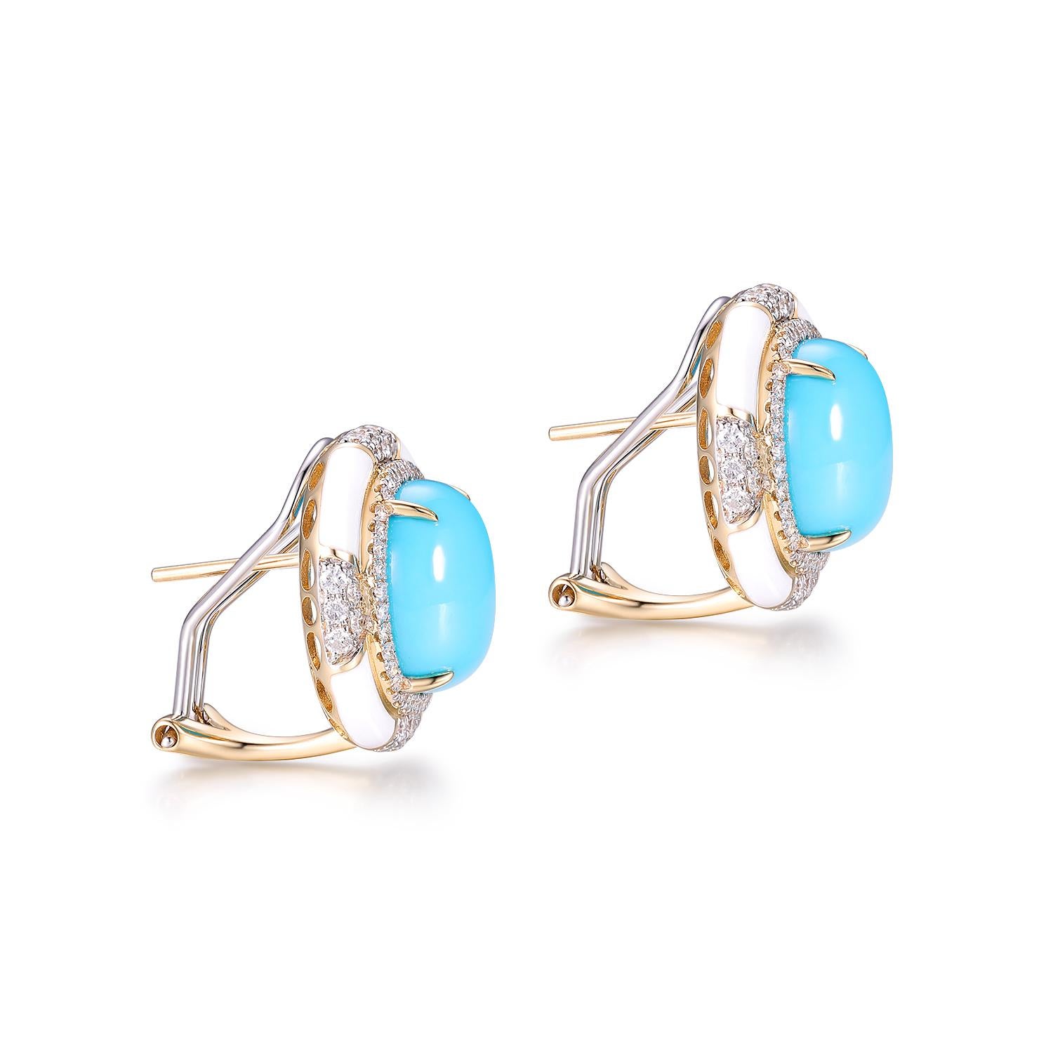 These exquisite earrings are crafted in 18-karat yellow gold, featuring a striking design that highlights the beauty of the gemstones. Each earring is adorned with a stunning 5.53-carat turquoise cabochon, exuding a vivid blue hue that captures