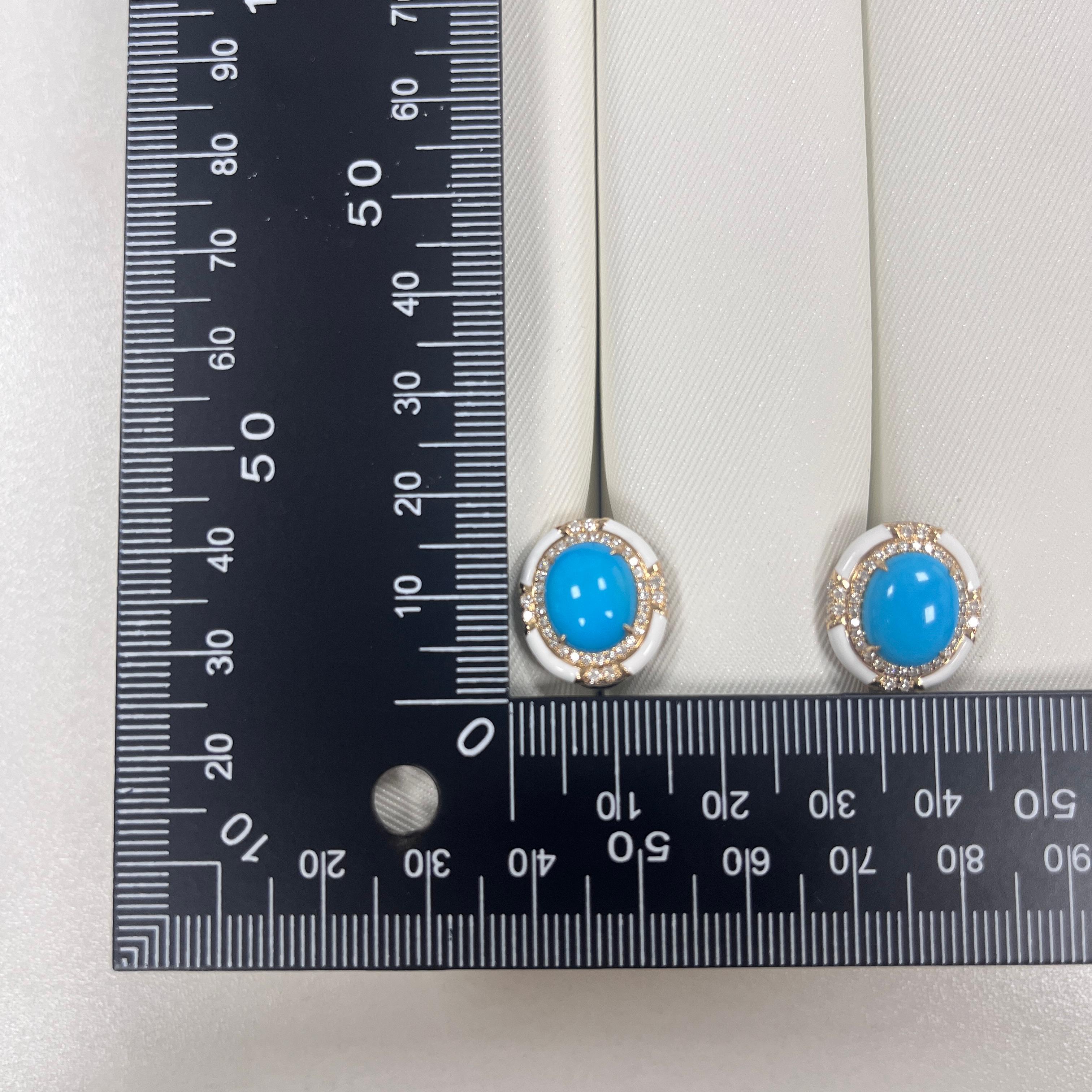 Art Deco 5.53Ct Sleeping Beauty Turquoise Diamond Enamel Earring in 18 Karat Yellow Gold For Sale