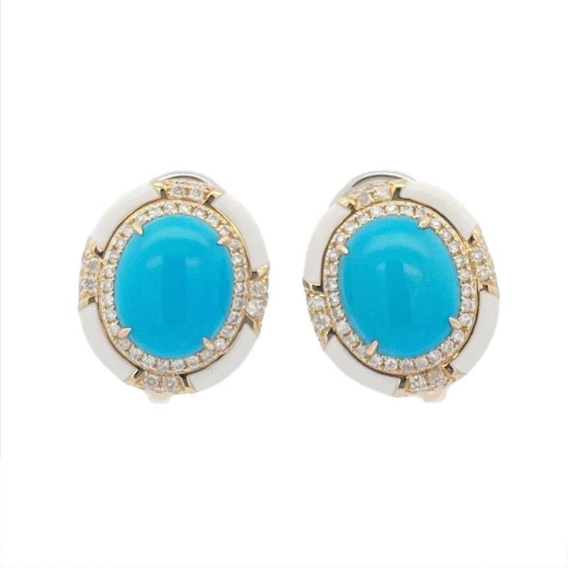 Cabochon 5.53Ct Sleeping Beauty Turquoise Diamond Enamel Earring in 18 Karat Yellow Gold For Sale