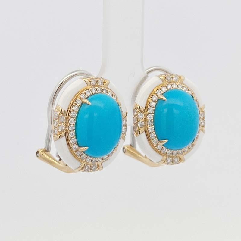 5.53Ct Sleeping Beauty Turquoise Diamond Enamel Earring in 18 Karat Yellow Gold For Sale 1