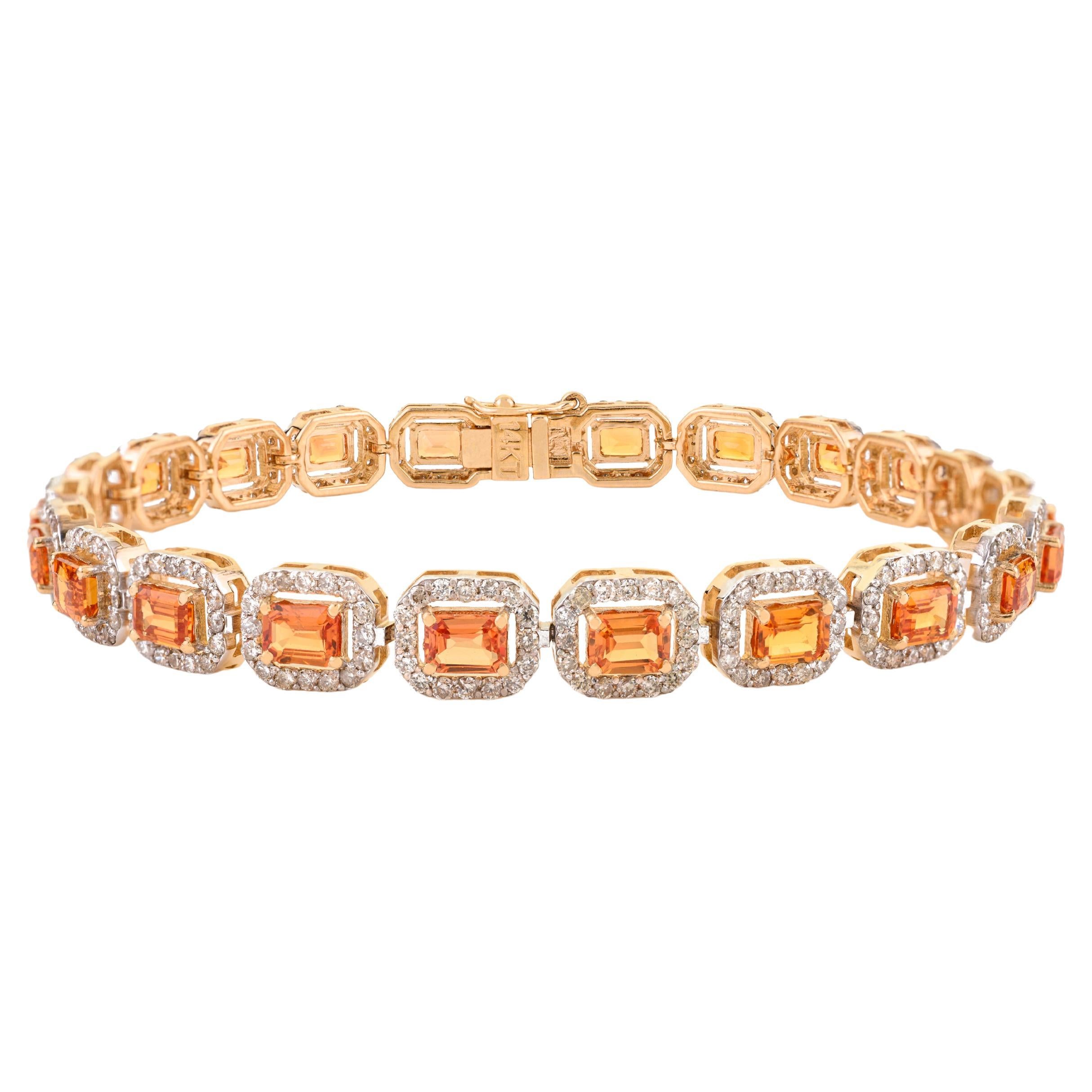 5.53Ct Yellow Sapphire 
2.22Ct Diamond Halo Tennis Bracelet in 14K Yellow Gold For Sale
