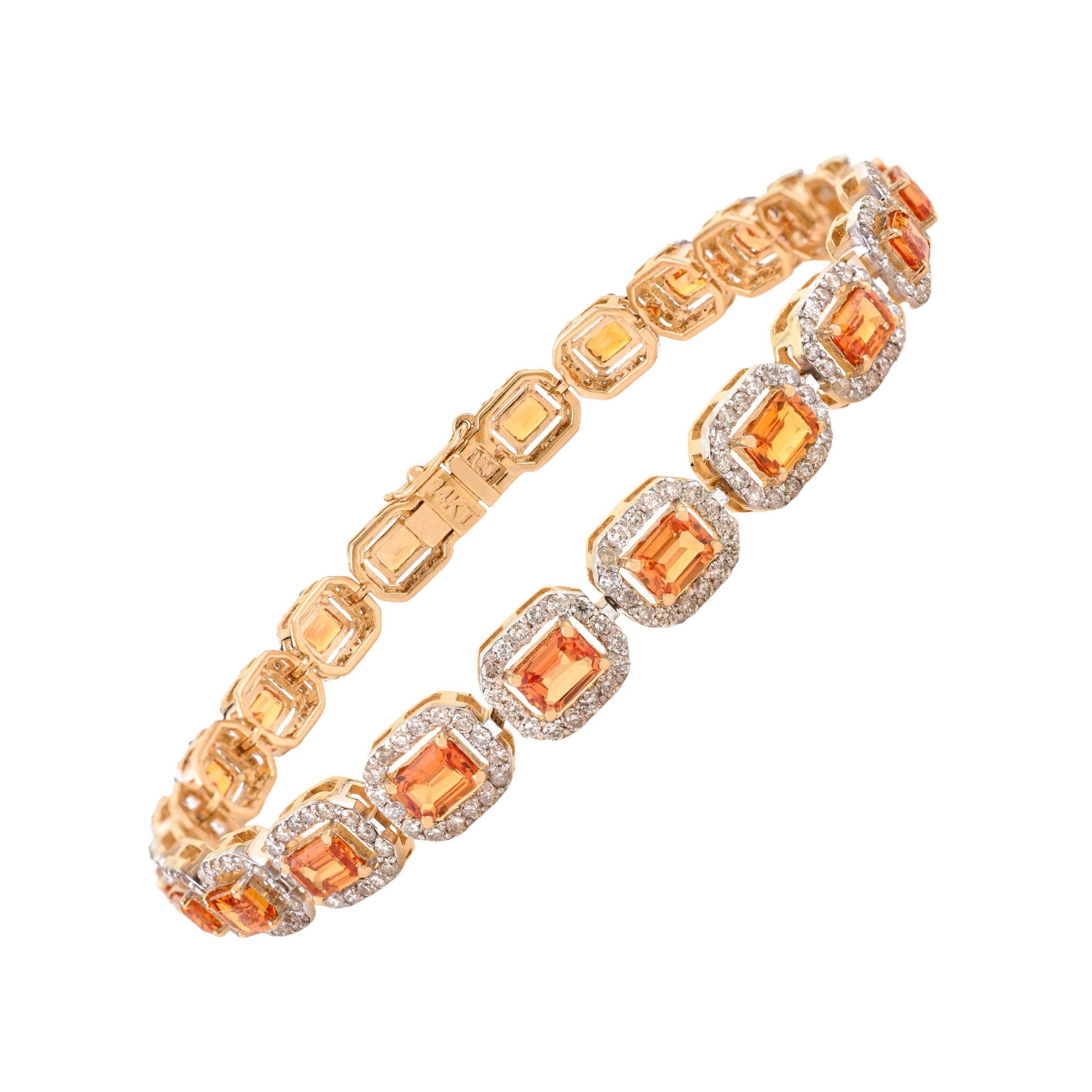 Pulsera de tenis con halo de zafiro amarillo de 5,53 quilates y diamantes de 2,22 quilates en oro amarillo de 18 quilates en venta