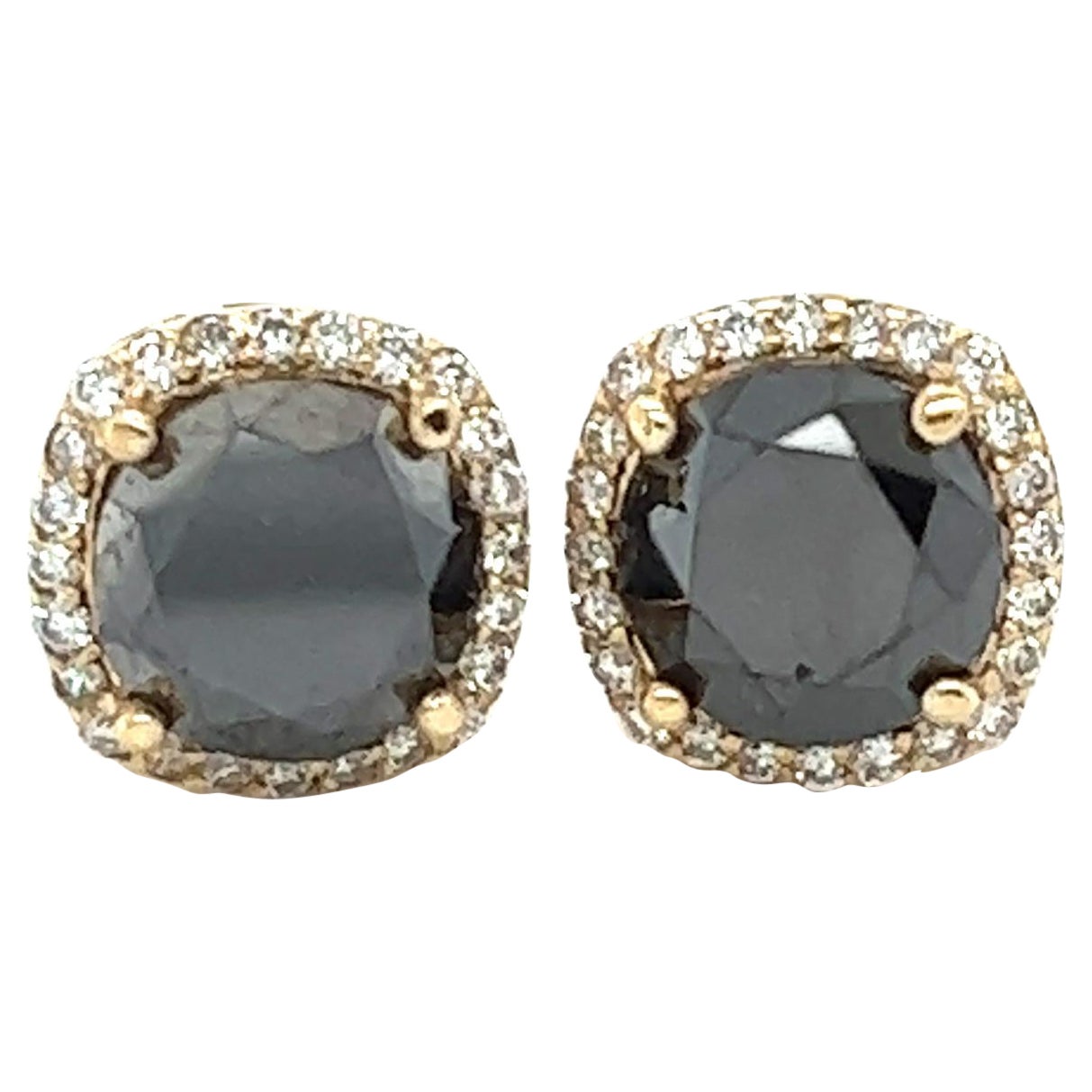 5.54 Carat Black Diamond White Diamond Yellow Gold Stud Earrings For Sale