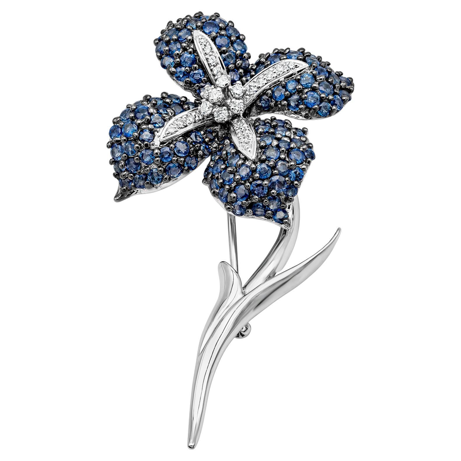 5.54 Carat Blue Sapphire and Diamond Flower Brooch For Sale