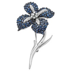 Vintage 5.54 Carat Blue Sapphire and Diamond Flower Brooch