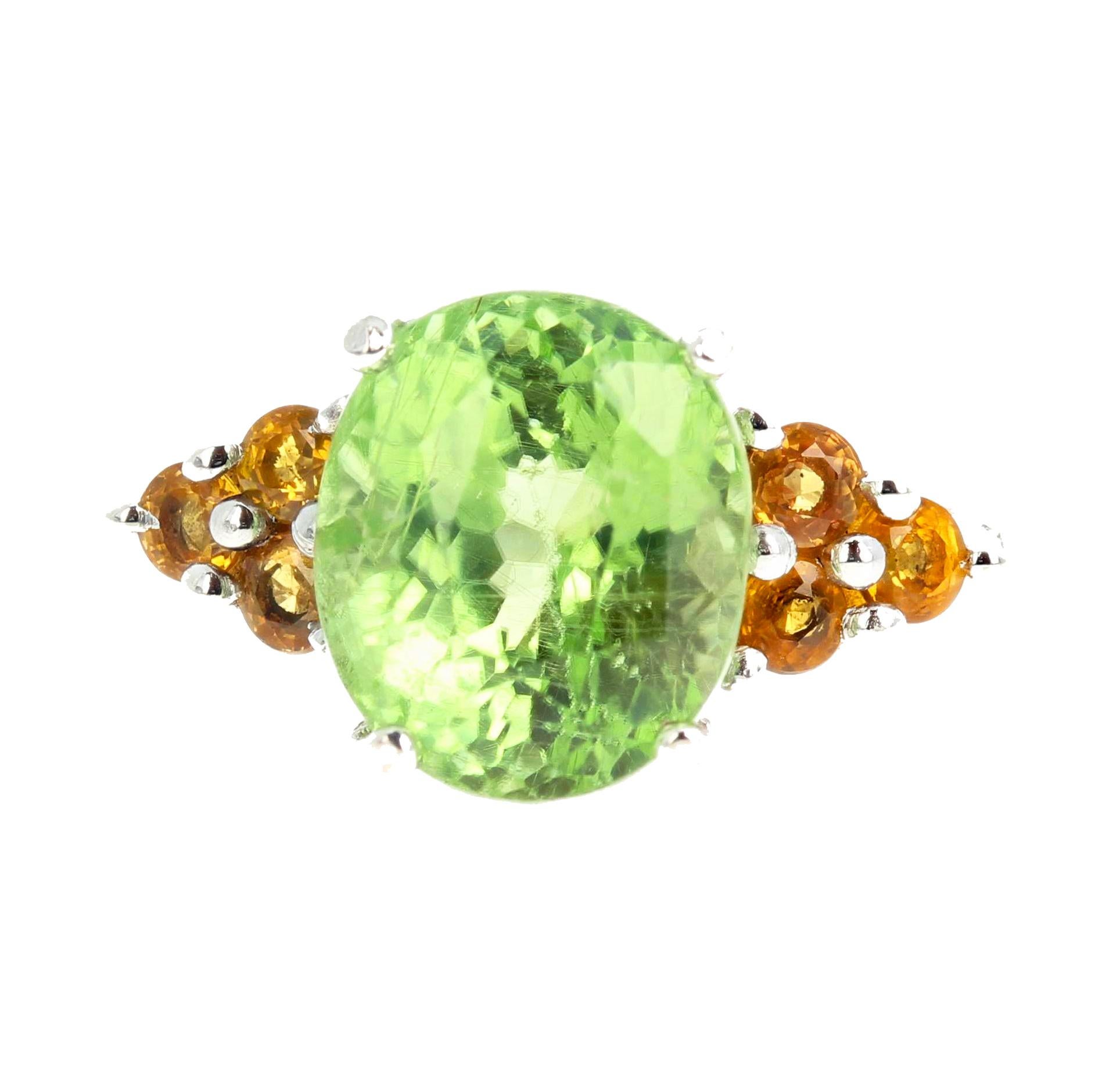 Oval Cut AJD Gorgeous Brilliant 5.54 Ct Green Tourmaline & Golden Citrine Silver Ring For Sale