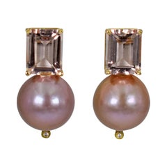 5.54 Carat Morganite, Pink Pearl and Diamond 14 Karat Gold Drop Stud Earrings