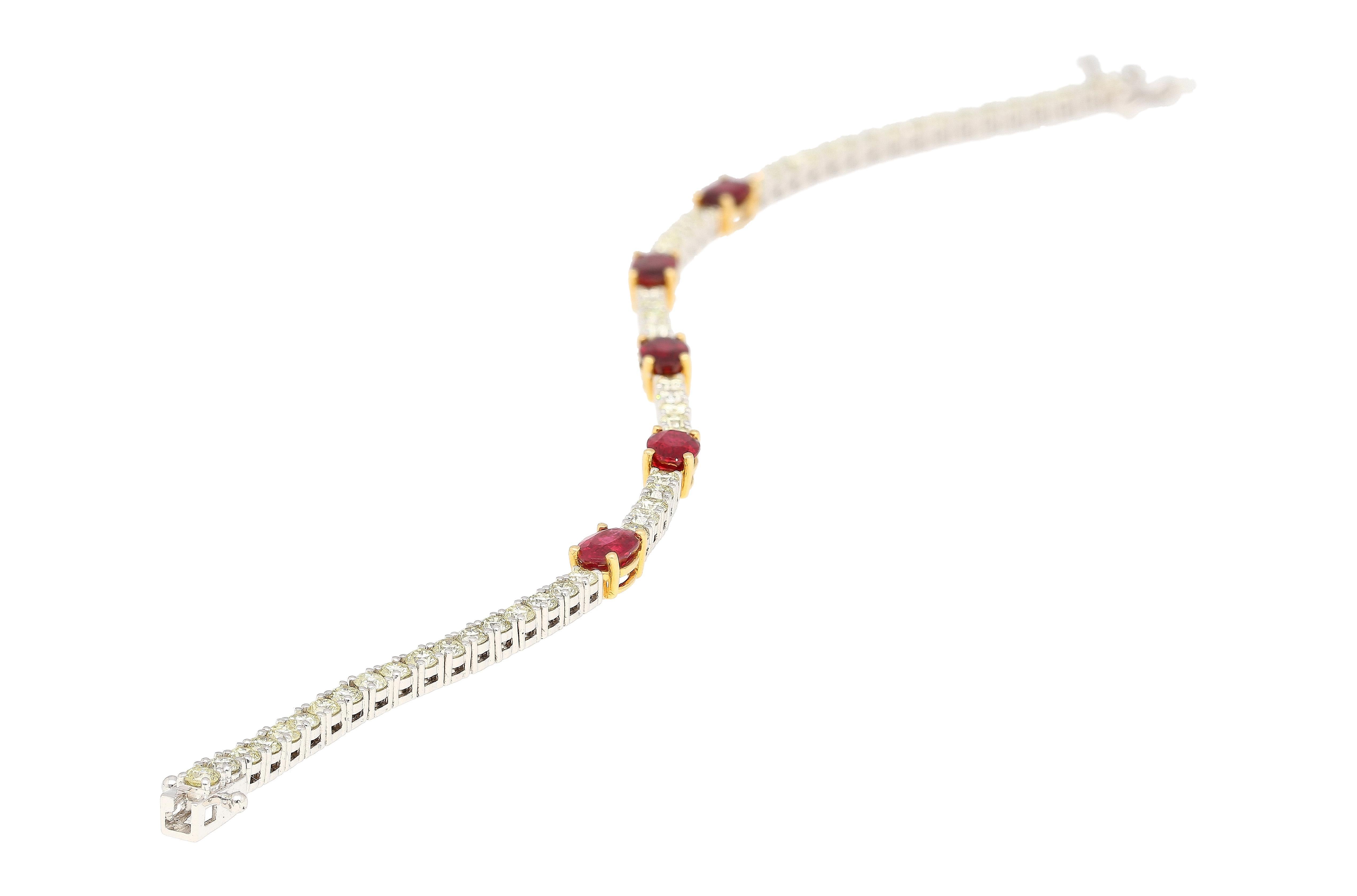 Modern 5.54 Carat Oval Cut Ruby and Diamond Tennis Bracelet in Two Tone 18K Gold For Sale